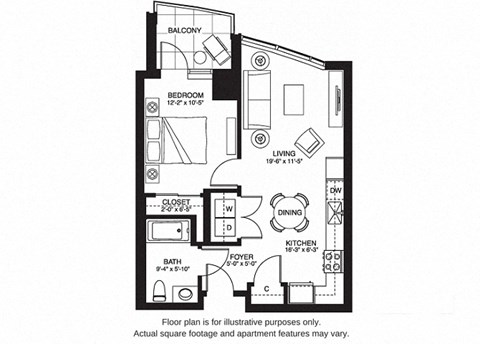 Floor plan for 1 bed, 1 bath, 632 sqft